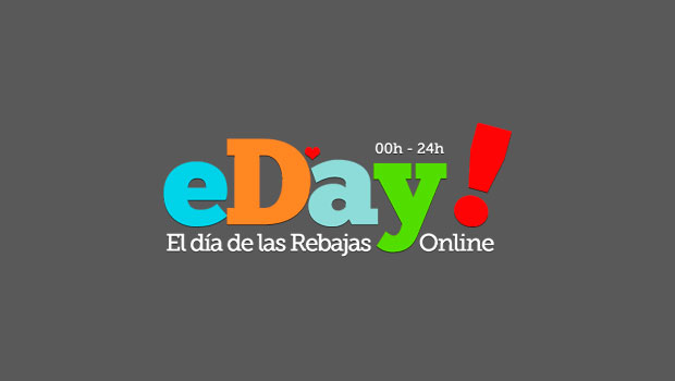 Texto "eDay! El día de las Rebajas Online 00h - 24h" en colores brillantes sobre fondo gris. Promoción de descuentos online.