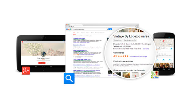 Tablet muestra sitio "Vintage By López-Linares" en Google+, computadora busca en Google, y móvil resalta ubicación en mapas. Contexto: marketing digital.