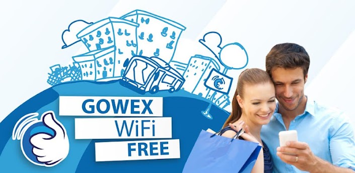 Pareja sonriente mira un smartphone, simbolizando conectividad. Al fondo, ilustraciones de ciudad y texto promocional: "GOWEX WiFi FREE". Marketing digital.