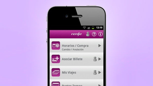Teléfono móvil mostrando la app de "renfe". Pantalla con opciones: Horarios/Compra, Asociar Billete, Mis Viajes. Fondo lila. Innovación en transporte.