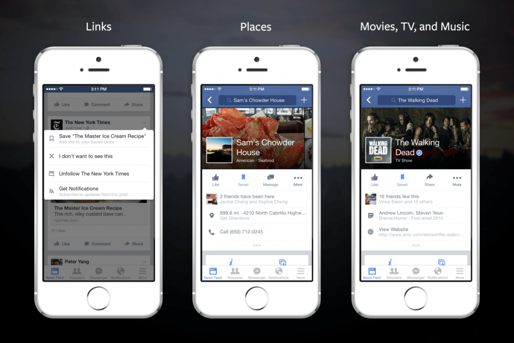 Tres smartphones muestran interfaces de Facebook. Izquierda: enlaces guardados de "The New York Times". Centro: información de restaurante "Sam's Chowder House". Derecha: página de serie "The Walking Dead". Ideal para estrategias de marketing digital.