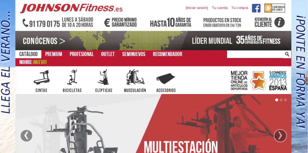 Página web de Johnson Fitness España; muestra equipo de gimnasio, contacto y premios. Lateral con frases: "LLEGA EL VERANO..." y "¡PONTE EN FORMA YA!".