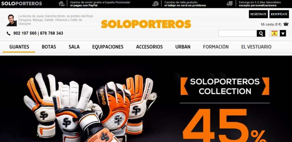 Guantes de portero en diversas posiciones, destacados sobre fondo negro. Texto: "SOLOPORTEROS COLLECTION 45%". Marketing en material deportivo especializado.