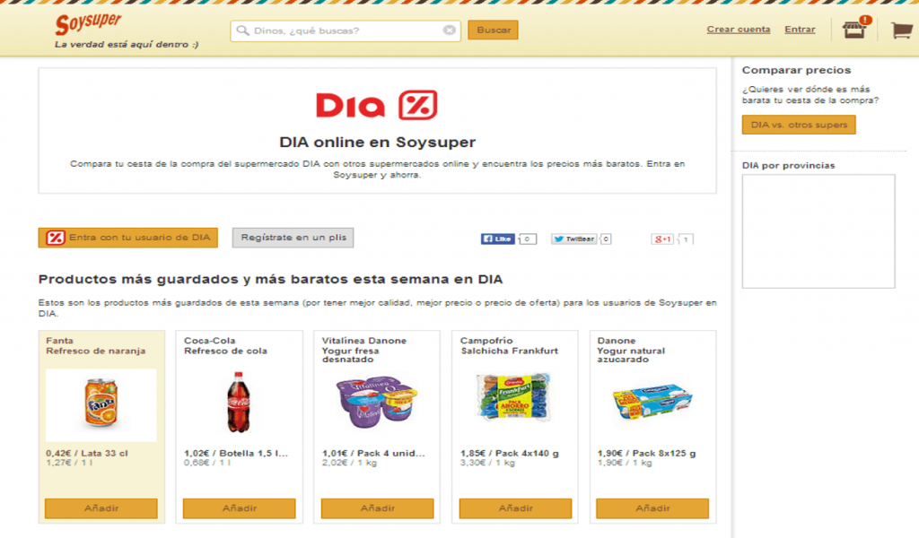 Pantalla web con productos del supermercado DIA en Soysuper. Muestra refrescos, yogures y salchichas para comparar precios y añadir al carrito. 

Texto: 

"DIA online en Soysuper
Compara tu cesta de la compra del supermercado DIA con otros supermercados online y encuentra los precios más baratos. Entra en Soysuper y ahorra.

Productos más guardados y más baratos esta semana en DIA

Fanta Refresco de naranja
0,42€ / Lata 33 cl

Coca-Cola Refresco de cola
1,02€ / Botella 1,5 l

Vitalinea Danone Yogur fresa desnatado
1,01€ / Pack 4 und.

Campofrío Salchicha Frankfurt
1,85€ / Pack 4x140 g

Danone Yogur natural azucarado
1,90€ / Pack 8x125 g"