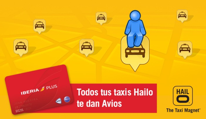 Tarjeta Iberia Plus sobre fondo amarillo con taxis en iconos. Texto: "Todos tus taxis Hailo te dan Avios". Marca Hailo destacada. Marketing viajar.