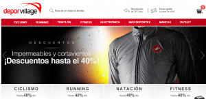 Impermeable gris con logo rojo, mostrando descuentos del 40% en ropa deportiva. Categorías incluyen ciclismo, running y natación. Ideal para promociones.