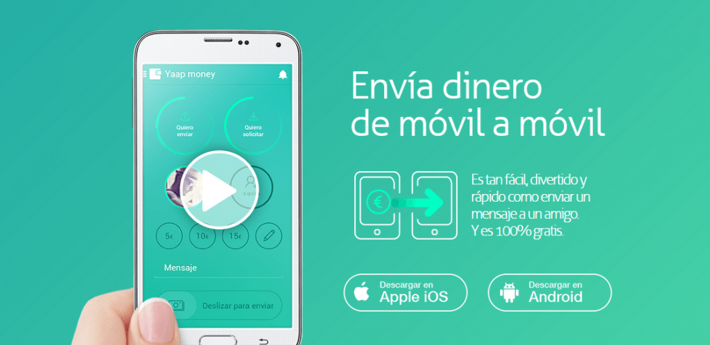 Teléfono muestra app para enviar dinero; mano sostiene dispositivo. Texto: "Envía dinero de móvil a móvil. Es tan fácil, divertido y rápido como enviar un mensaje a un amigo. Y es 100% gratis. Descargar en Apple iOS, Descargar en Android". Marketing de transferencia digital y aplicaciones móviles.
