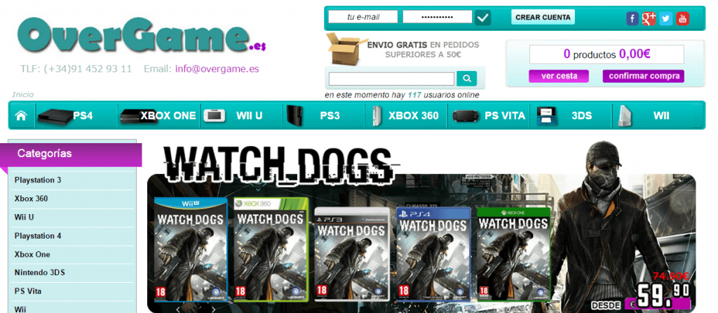 Portada de OverGame.es destaca el videojuego "Watch Dogs" con cajas de varias consolas; precio desde 59,90€. Promoción de envío gratis en pedidos de 50€.