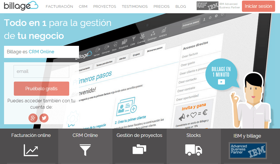 Pantalla de gestión empresarial en una tablet, promocionando un CRM online. Texto: "Todo en 1 para la gestión de tu negocio. Pruébalo gratis".