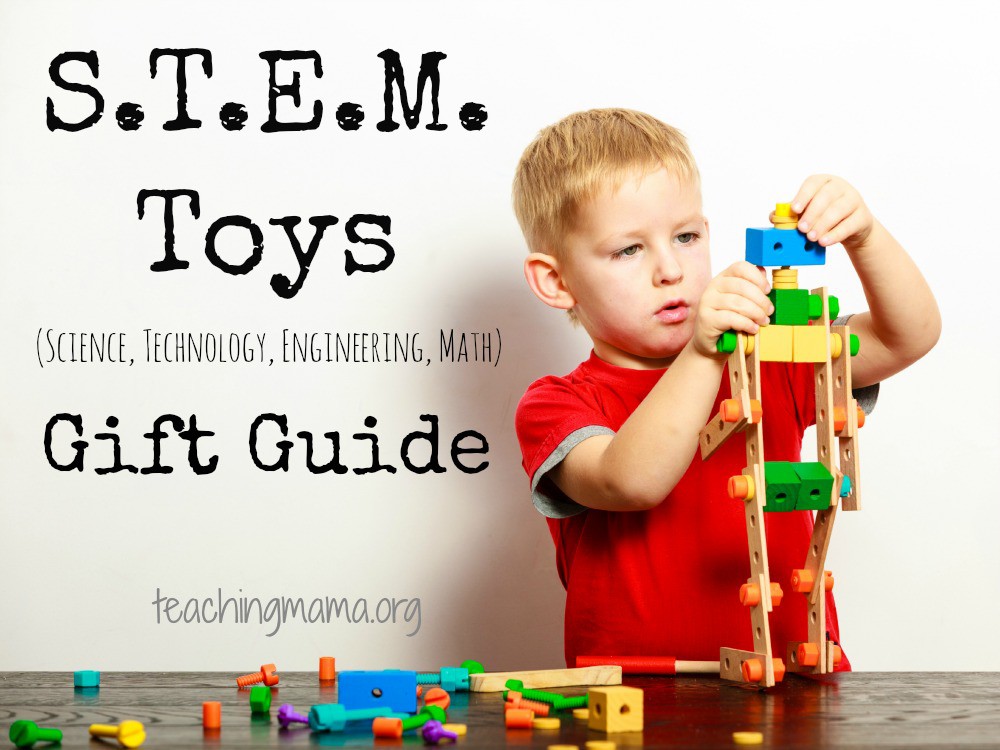 Niño monta juguete STEM sobre mesa; texto: "S.T.E.M. Toys Gift Guide (Science, Technology, Engineering, Math) teachingmama.org." Ideal para marketing educativo.