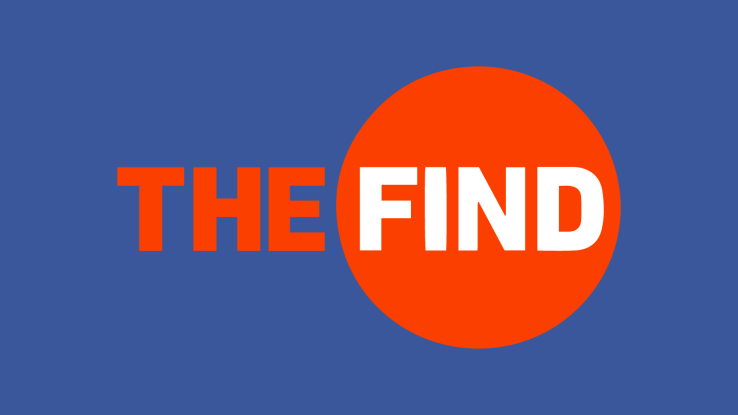 Texto "THE FIND" en estilo moderno, naranja y blanco. Fondo azul crea contraste. Conceptos clave: búsqueda, descubrimiento, innovación.