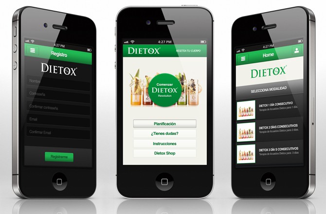 Tres smartphones muestran pantallas de una app de dieta. Izquierda: formulario de registro. Centro: inicio con opciones "Comenzar", "Planificación". Derecha: menú de opciones dietéticas. Texto: "DIETOX".