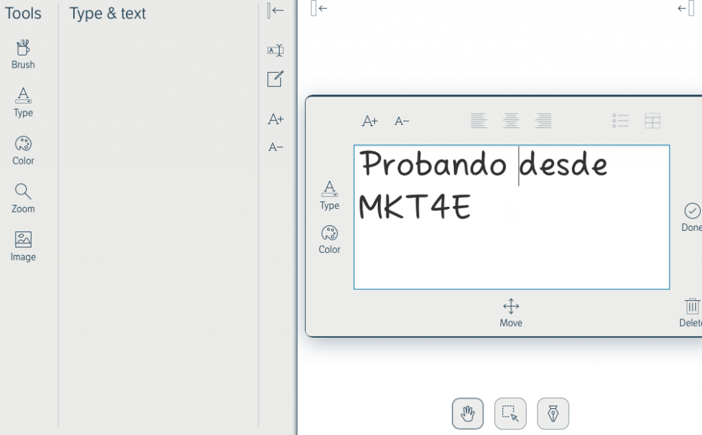 Texto en una herramienta de edición, "Probando desde MKT4E". Contexto de diseño gráfico, ideal para estrategias de marketing digital. Herramientas en la izquierda.