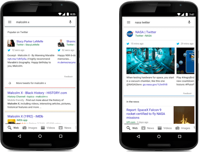 Dos smartphones muestran búsquedas en Google; uno sobre "Malcolm X" y otro "nasa twitter", con resultados relevantes. Texto: "malcolm x" y "nasa twitter".
