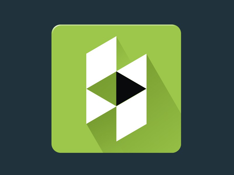 Logotipo geométrico en verde con triángulos blancos y un triángulo negro central, sobre fondo verde oscuro. Diseño digital y moderno.