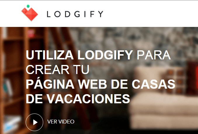 Logotipo de Lodgify. Texto: "Utiliza Lodgify para crear tu página web de casas de vacaciones." Fondo borroso con estantería y silla. Botón: "Ver video". Palabras clave: marketing digital.