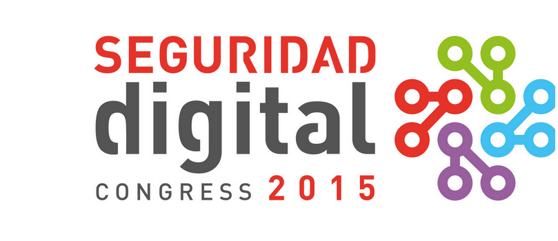 Logotipo colorido que muestra el texto "SEGURIDAD digital CONGRESS 2015". Íconos de conexión en verde, rojo, azul y morado están a la derecha. Ideal para marketing de seguridad digital y eventos tecnológicos.
