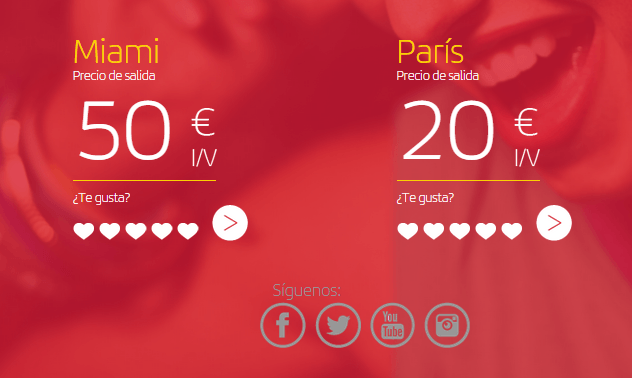 Ofertas de vuelos muestran precios para Miami (50 €) y París (20 €) con iconos de corazones y botones de compartir en redes sociales.