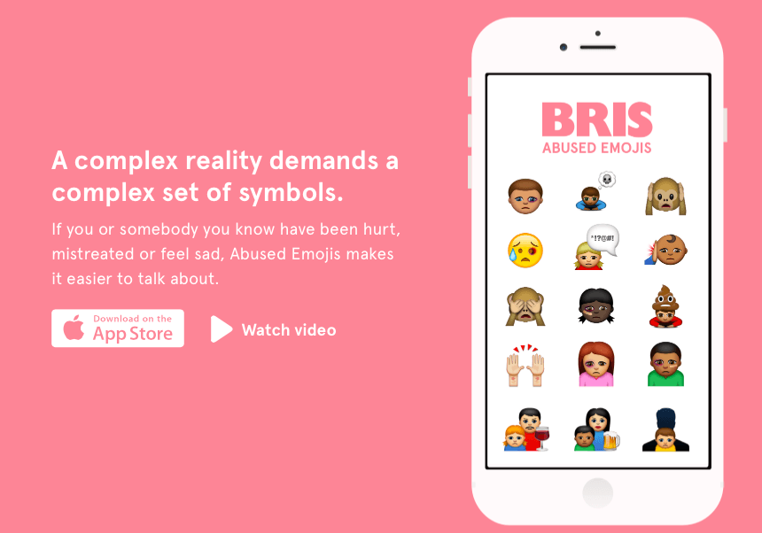 Teléfono muestra emojis de emociones, con texto: "Una realidad compleja demanda un conjunto complejo de símbolos. Si tú o alguien que conoces han sido heridos, maltratados o se sienten tristes, Abused Emojis facilita hablarlo". Botones de descarga de App Store y ver video. Contexto: fondo rosa, diseño de app. Keywords: emociones, comunicación, marketing social.