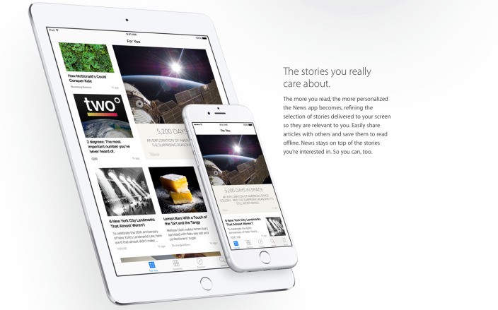 iPad y iPhone muestran la app de noticias personalizadas en una interfaz limpia y moderna. Texto: "The stories you really care about..."