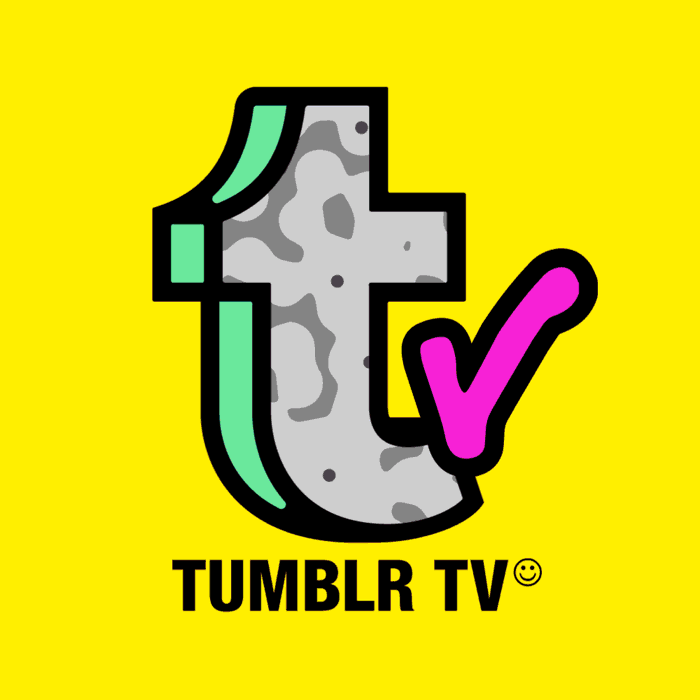 Logotipo de Tumblr TV sobre fondo amarillo, con un diseño colorido y divertido que incluye una 't' y una 'v'.