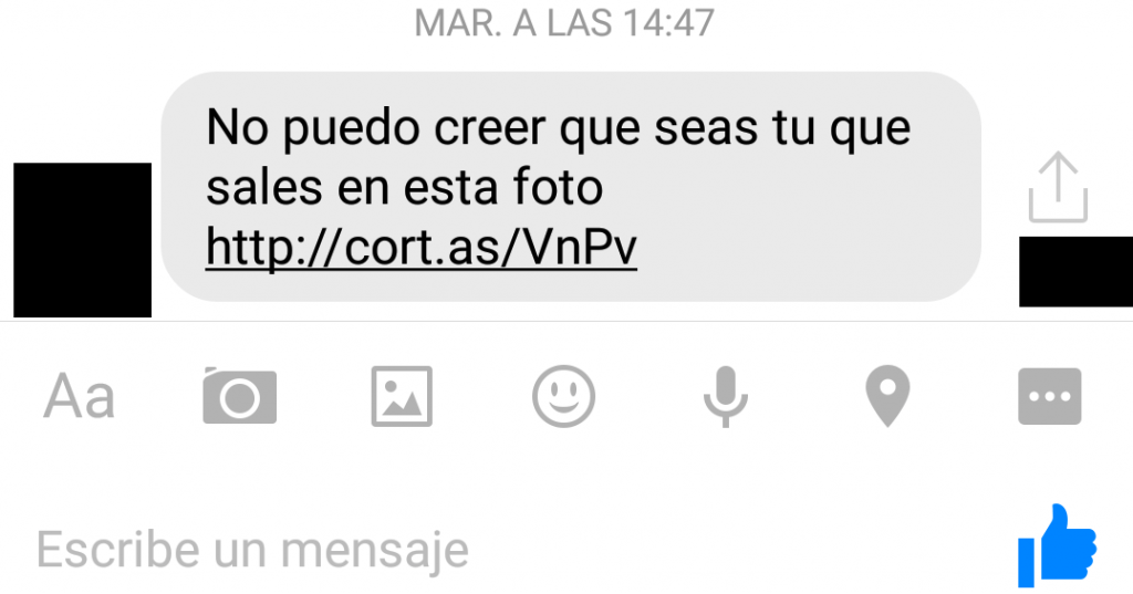 Ejemplo del troyano en Facebook: "No puedo creerme que seas tú que sales en esa foto"