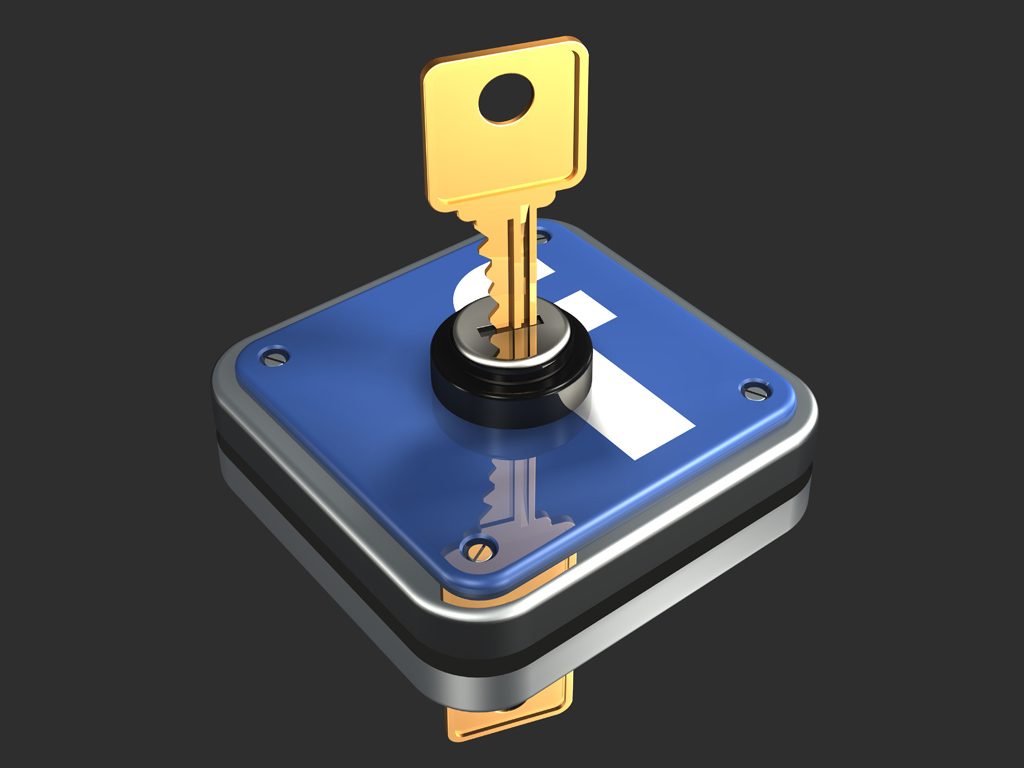 Llave dorada inserta en un cubo azul con logo de red social, en fondo negro. Concepto de "seguridad digital" y "protección de datos".