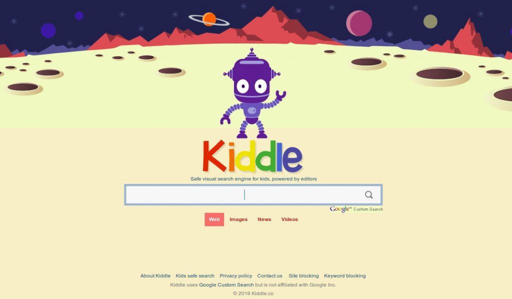 Robot morado sobre paisaje lunar; texto: "Kiddle, Safe visual search engine for kids, powered by editors". Fondo espacial con planetas y cráteres. Ideal para búsqueda segura infantil.