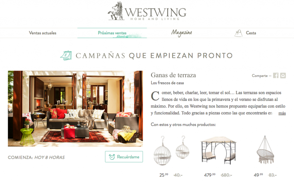Terraza amueblada ofrece ambiente relajante para socializar. Promoción de Westwing destacando piezas de exterior con estilo y funcionalidad. Texto: "CAMPAÑAS QUE EMPIEZAN PRONTO", "Ganas de terraza", "Los frescos de casa", "Con estos y otros muchos productos", precios y descuentos en euros.