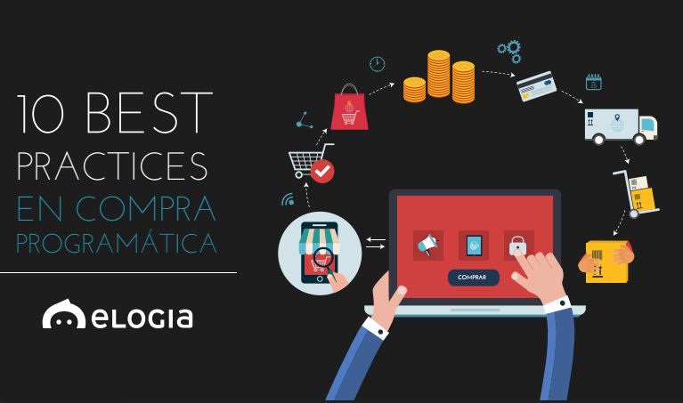 Manos sostienen portátil, pantalla muestra "COMPRAR". Iconos de comercio rodean el portátil: moneda, tarjeta, carrito. Texto: "10 BEST PRACTICES EN COMPRA PROGRAMÁTICA". Marca: Elogia.