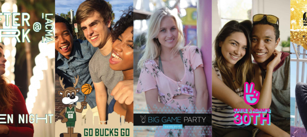 Eventos sociales, desde noches en LACMA hasta fiestas de cumpleaños y eventos deportivos. Textos: "LACMA", "GO BUCKS GO", "BIG GAME PARTY", "KATIE & ADAM'S 30TH".