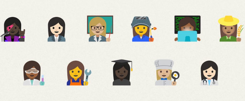 Emojis diversos representan profesiones: cantante, abogada, profesora, ingeniera, programador, agricultora, científica, mecánica, graduada, chef y doctora.