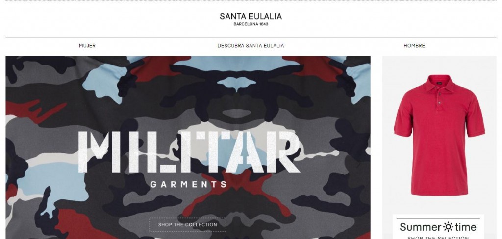 Camuflaje militar en gris, negro y rojo con texto "MILITAR GARMENTS" en centro; a la derecha, un polo rojo. Texto: "Summer time". Contexto de moda.