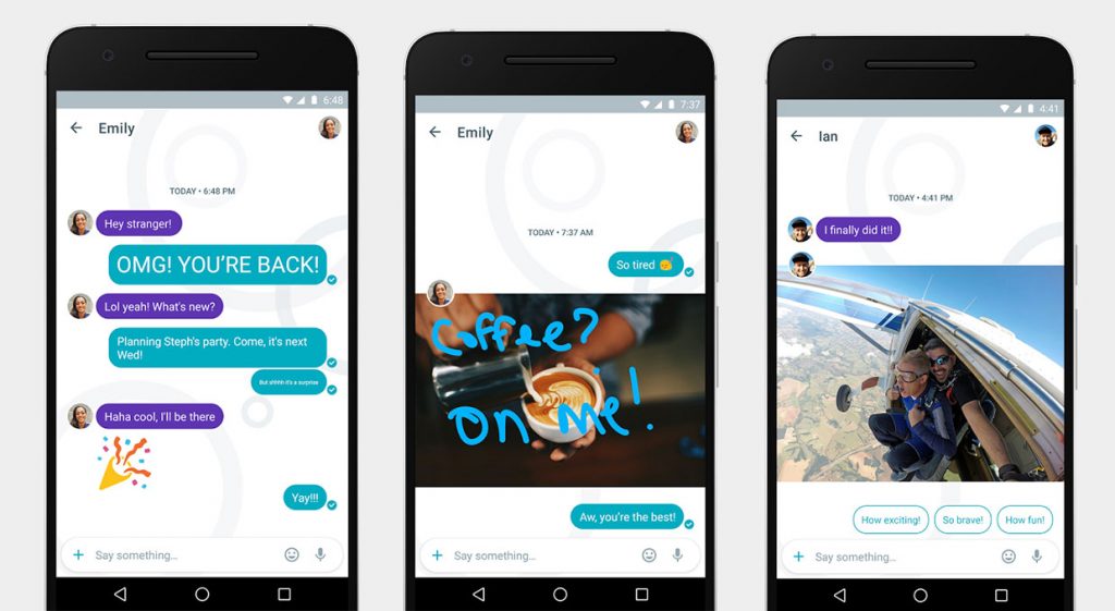 Móviles muestran chats animados en una app de mensajería; mensajes amistosos, emojis y fotos. Palabras clave: interacción, conexión, comunicación digital.