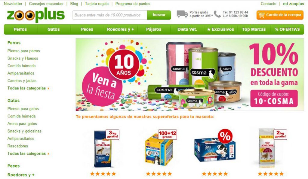 Producto: Latas de comida Cosma. Acción: Promoción de descuento 10%. Contexto: Tienda en línea Zooplus, categorías de productos para mascotas. Texto destacado: "10% DESCUENTO en toda la gama. Código de cupón: 10-COSMA".