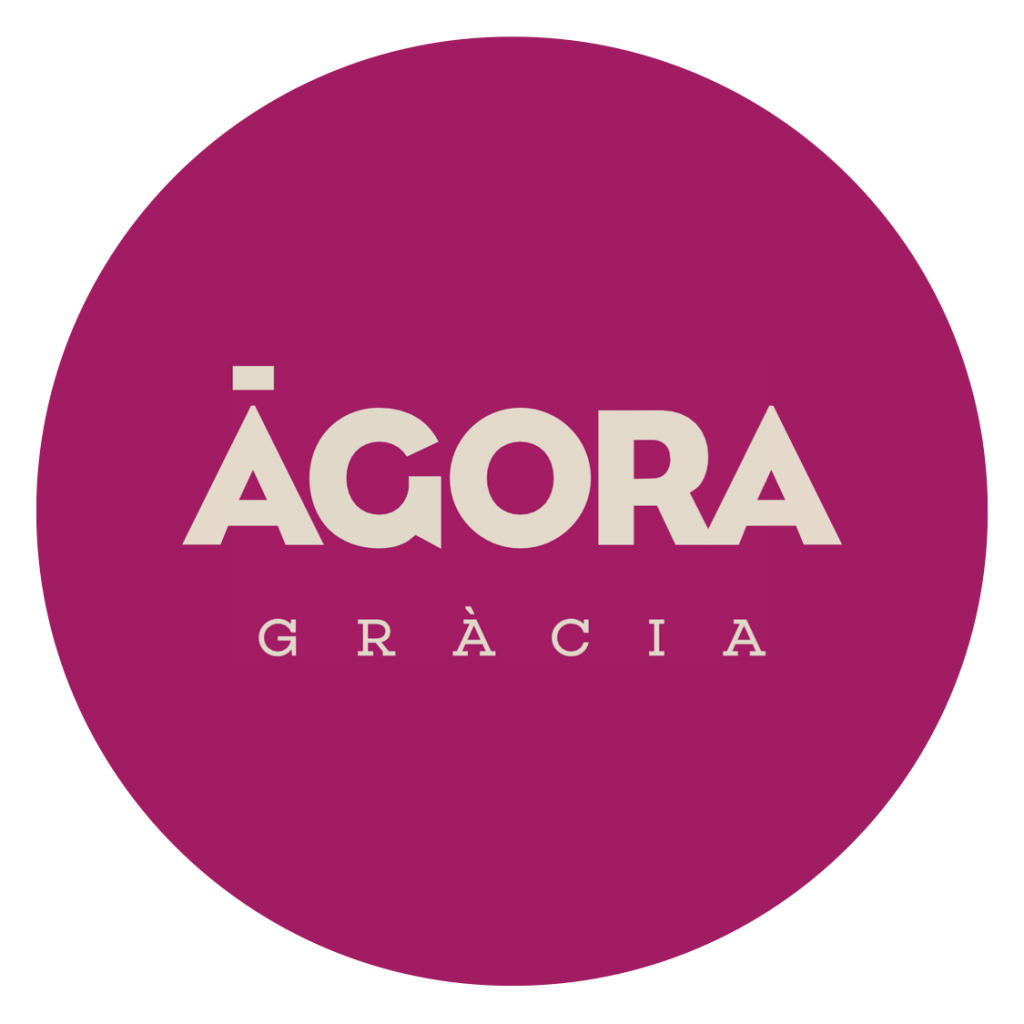 Logotipo "ÀGORA GRÀCIA" en mayúsculas sobre fondo circular magenta. Diseño moderno, comunicación visual, branding de marca.
