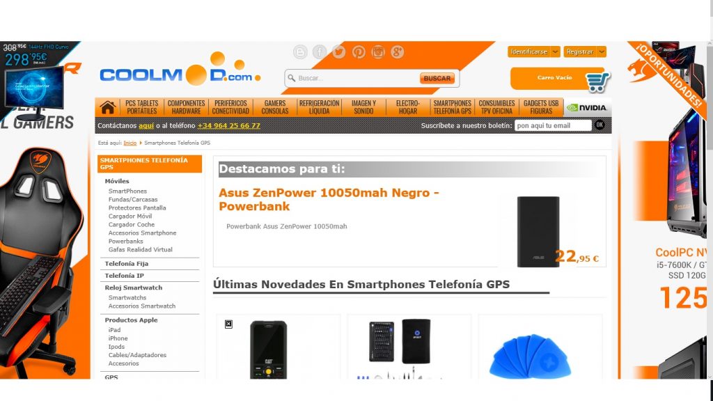 Silla gaming, teclado en un fondo naranja en una página web de tecnología. Texto: "Destacamos para ti: Asus ZenPower 10050mah Negro - Powerbank 22,95 €". Marketing, gadgets, tecnología.