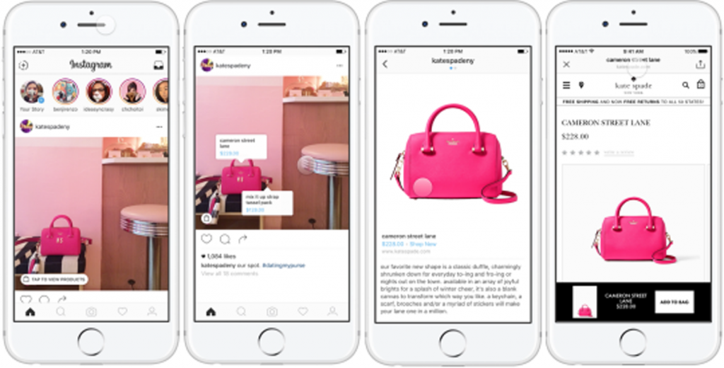 Un bolso rosa aparece destacado en cuatro pantallas de iPhone, mostrando su promoción desde una publicación en Instagram hasta la compra en línea, resaltando su precio y detalles. Textos relevantes: 

"Cameron Street Lane $328.00"

"1,084 likes #BuildingYourself"

"Katespadeny Cameron Street Lane $258.00"

"FREE SHIPPING AND FREE RETURNS TO ALL U.S STORES" 

"ADD TO BAG"