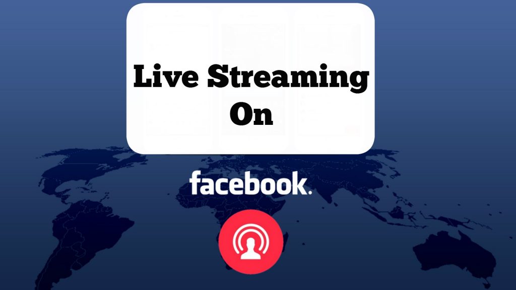Icono de transmisión en vivo sobre mapa global azul oscuro. Texto: "Live Streaming On Facebook". Ideal para estrategias de marketing digital y redes sociales.