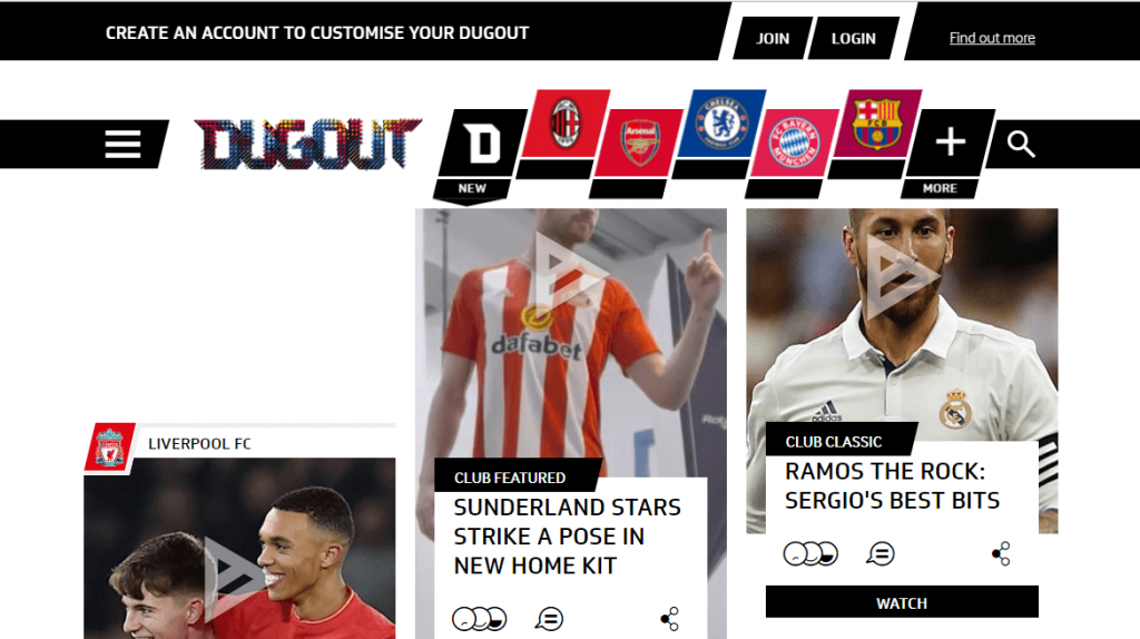 Página web muestra videos de fútbol, destaca Liverpool y Real Madrid. Incluye logotipos de clubes, opciones de personalización y acceso. Texto inglés visible.