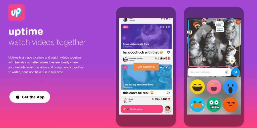Aplicación Uptime invita a ver vídeos juntos, mostrando gatos en pantallas de móviles. Botones de reacción animan la interacción. Texto: "uptime watch videos together."