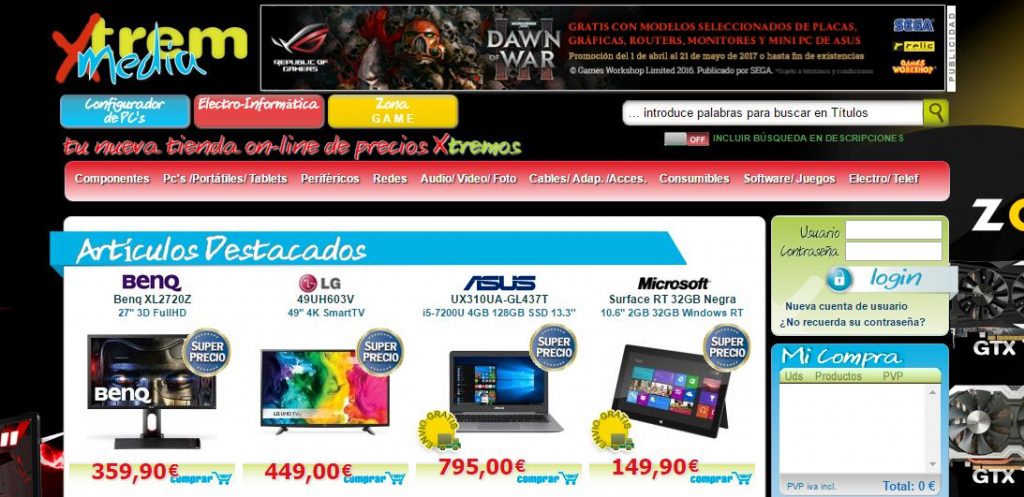 Página web de XtreMedia destaca ofertas de electrónica; incluye monitores BenQ (359,90€), LG (449,00€), portátil ASUS (795,00€), tableta Microsoft (149,90€). Comprar online.