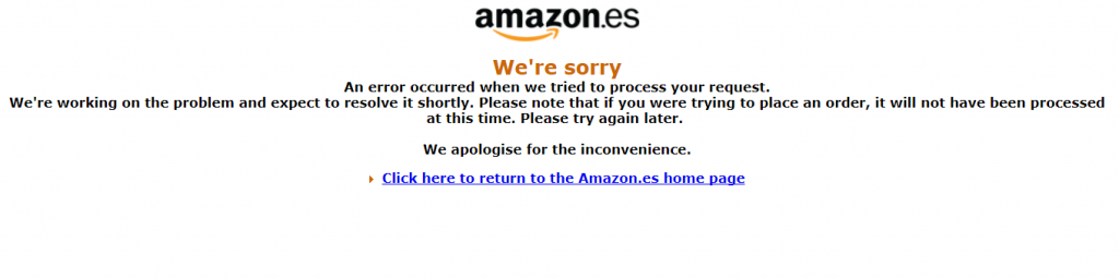 Mensaje de error de Amazon informando que no se pudo procesar la solicitud y pidiendo intentar más tarde.
