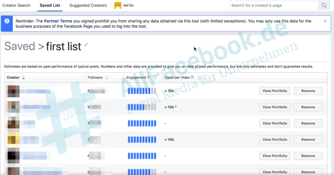 Lista de creadores guardada mostrando seguidores y vistas de video en una plataforma social. Usado para analizar rendimiento en marketing digital. Texto: "Saved > first list".
