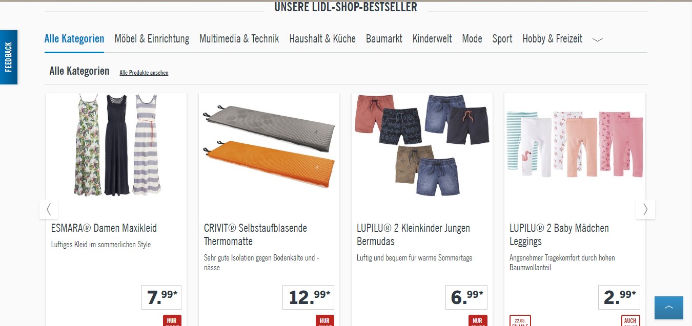 Vestidos, colchonetas, bermudas y leggings presentados en un cat&aacute;logo online de moda, deporte y hogar. Texto: "ESMARA&reg; Damen Maxikleid..." y precios.
