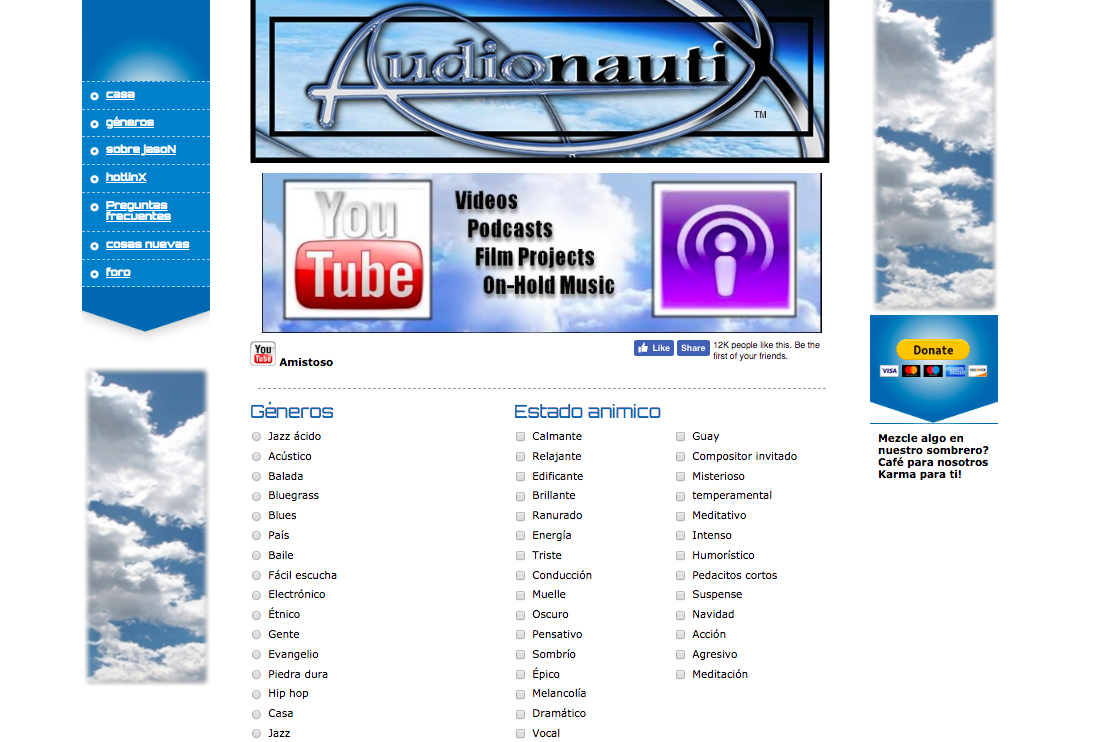 Logo de &ldquo;Audionautix&rdquo; arriba, opciones de m&uacute;sica por g&eacute;nero y estado de &aacute;nimo abajo, men&uacute; lateral y bot&oacute;n de donaci&oacute;n a la derecha. Texto: "Videos, Podcasts, Film Projects, On-Hold Music". "G&eacute;neros: Jazz &aacute;cido, Ac&uacute;stico, Balada, Bluegrass, Blues, Pa&iacute;s, Baile, F&aacute;cil escucha, Electr&oacute;nico, &Eacute;tnico, Gente, Evangelio, Piedra dura, Hip hop, Casa, Jazz". "Estado an&iacute;mico: Calmante, Relajante, Edificante, Brillante, Ranuardo, Energ&iacute;a, Triste, Conducci&oacute;n, Muelle, Oscuro, Pensativo, Sombr&iacute;o, &Eacute;pico, Melanc&oacute;lica, Dram&aacute;tico, Vocal, Guay, Compositor invitado, Misterioso, temperamental, Meditativo, Intenso, Humor&iacute;stico, Pedacitos cortos, Suspense, Navidad, Acci&oacute;n, Agresivo, Meditaci&oacute;n".