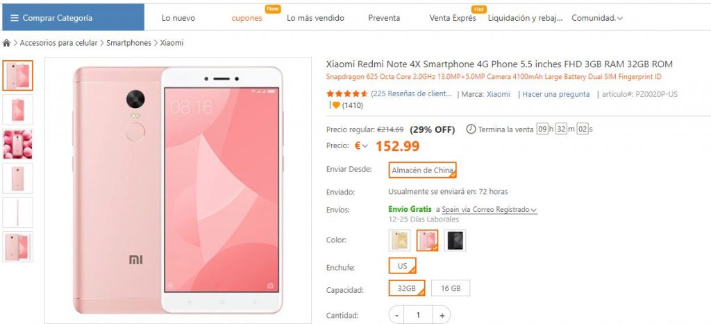 Teléfono Xiaomi en pantalla de compra online; oferta destacada 29% descuento. Descripción técnica a la derecha con precio €152,99. "Envío Gratis" desde China.