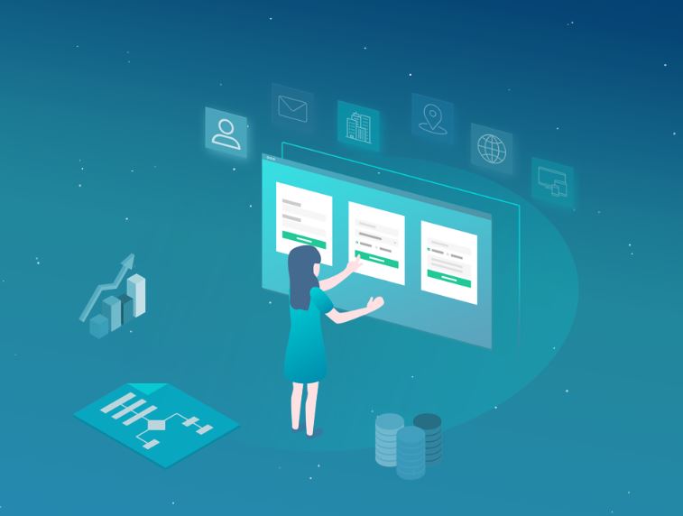 Persona interactuando con una interfaz digital flotante; gráficos y iconos de tecnología y finanzas rodean el entorno.