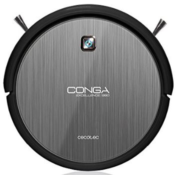 Aspiradora Conga Excellence 990, vista superior, dise&ntilde;o met&aacute;lico gris, en ambiente dom&eacute;stico. Texto visible: "CONGA EXCELLENCE 990" y "cecotec". Perfecta para limpieza automatizada.