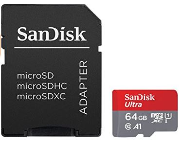 Tarjeta microSD Ultra de 64GB con adaptador, marca SanDisk. Texto: "microSD, microSDHC, microSDXC, ADAPTER." Ideal para almacenamiento r&aacute;pido y eficiente.
